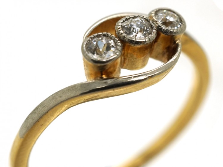 Edwardian 18ct Gold & Platinum, Three Stone Diamond Crossover Ring