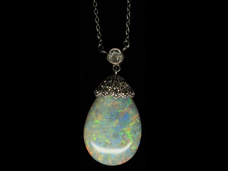 Edwardian Platinum, Opal & Diamond Pendant on Platinum Chain