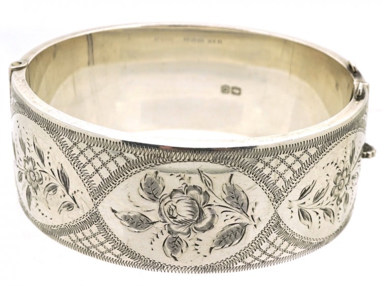 Silver Bangle With Engraved Flower Motif