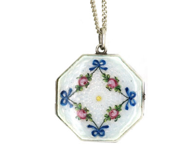 Edwardian Silver Octagonal Enamel Flowers Locket on Silver Chain