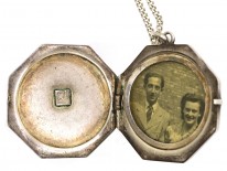 Edwardian Silver Octagonal Enamel Flowers Locket on Silver Chain