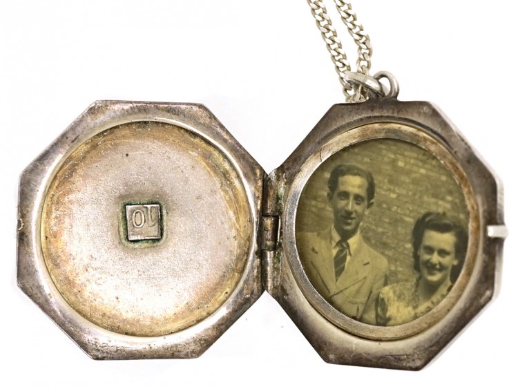 Edwardian Silver Octagonal Enamel Flowers Locket on Silver Chain