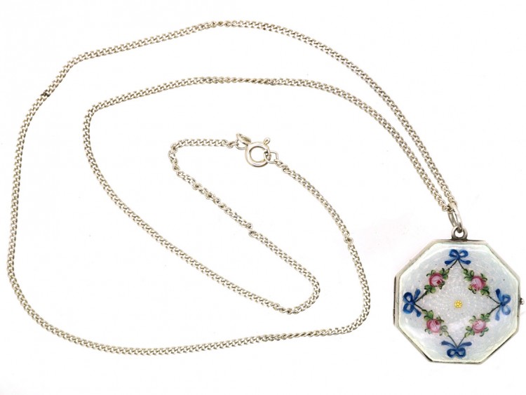 Edwardian Silver Octagonal Enamel Flowers Locket on Silver Chain