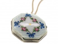 Edwardian Silver Octagonal Enamel Flowers Locket on Silver Chain
