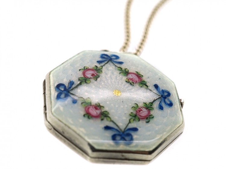Edwardian Silver Octagonal Enamel Flowers Locket on Silver Chain