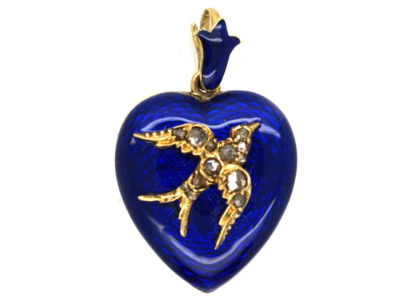 Victorian 15ct Gold, Blue Enamel Heart Shaped Pendant With Rose Diamond Set Swallow Motif
