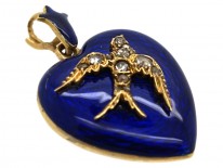 Victorian 15ct Gold, Blue Enamel Heart Shaped Pendant With Rose Diamond Set Swallow Motif