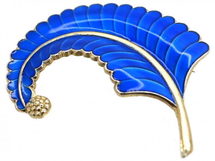 Norwegian Silver & Blue Enamel Feather Brooch by Albert Scharning