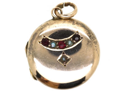 Edwardian Round 9ct Back & Front Locket With Half Moon Pearl & Garnet Motif