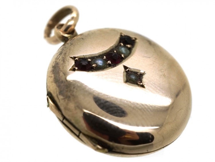 Edwardian Round 9ct Back & Front Locket With Half Moon Pearl & Garnet Motif