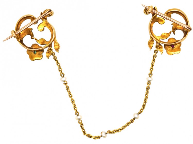 Edwardian Pair of 15ct Gold Brooches Set With Natural Split Pearls, Emerald & A Ruby