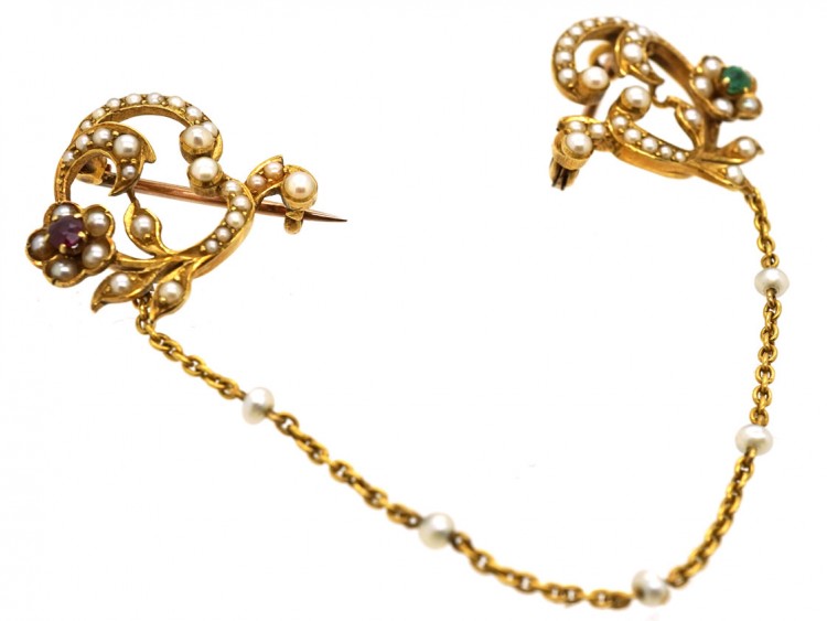 Edwardian Pair of 15ct Gold Brooches Set With Natural Split Pearls, Emerald & A Ruby