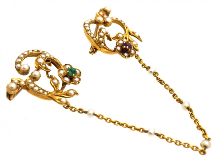 Edwardian Pair of 15ct Gold Brooches Set With Natural Split Pearls, Emerald & A Ruby