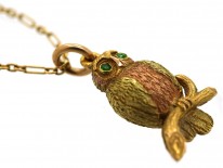 Edwardian Two Colour 15ct Gold Owl Pendant on 15ct Gold Chain