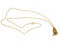 Edwardian Two Colour 15ct Gold Owl Pendant on 15ct Gold Chain