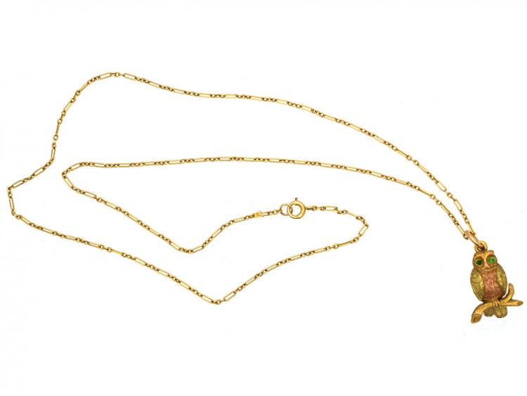 Edwardian Two Colour 15ct Gold Owl Pendant on 15ct Gold Chain