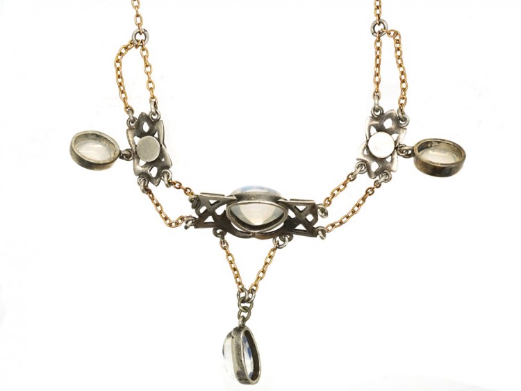 Silver & Gold , Moonstone & Blister Pearl Arts & Crafts Necklace