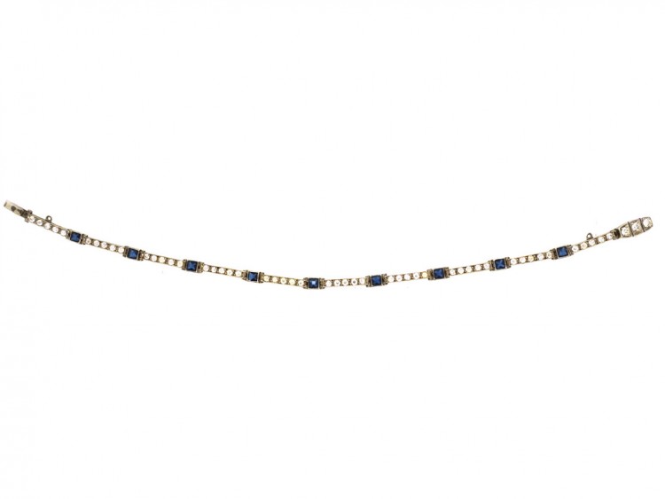 Art Deco Silver Thin Blue & White Paste Bracelet