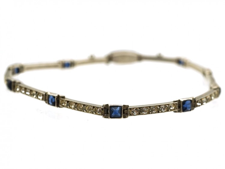 Art Deco Silver Thin Blue & White Paste Bracelet
