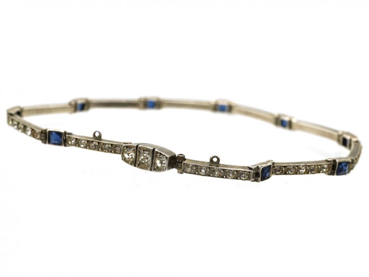 Art Deco Silver Thin Blue & White Paste Bracelet