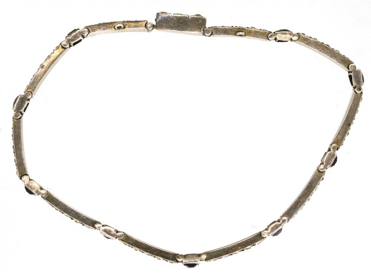 Art Deco Silver Thin Blue & White Paste Bracelet