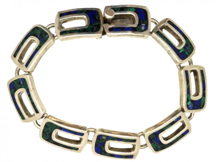 Mexican Silver Bracelet Inlaid with Lapis & Malachite Chips