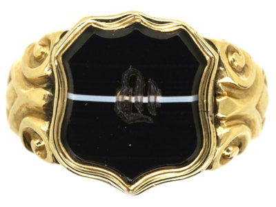Victorian 15ct Gold & Banded Onyx Signet Ring With B Intaglio