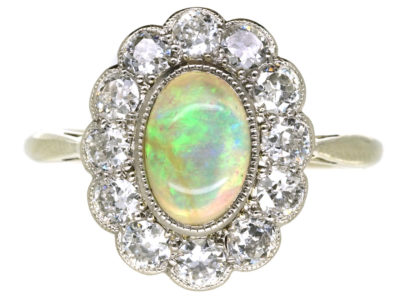 Edwardian 18ct Gold, Platinum, Opal & Diamond Oval Cluster Ring