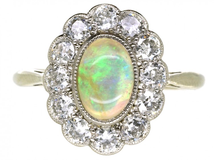 Edwardian 18ct Gold, Platinum, Opal & Diamond Oval Cluster Ring