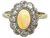 Edwardian 18ct Gold, Platinum, Opal & Diamond Oval Cluster Ring