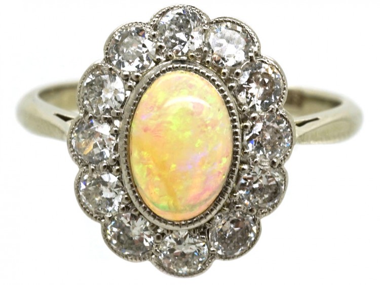 Edwardian 18ct Gold, Platinum, Opal & Diamond Oval Cluster Ring