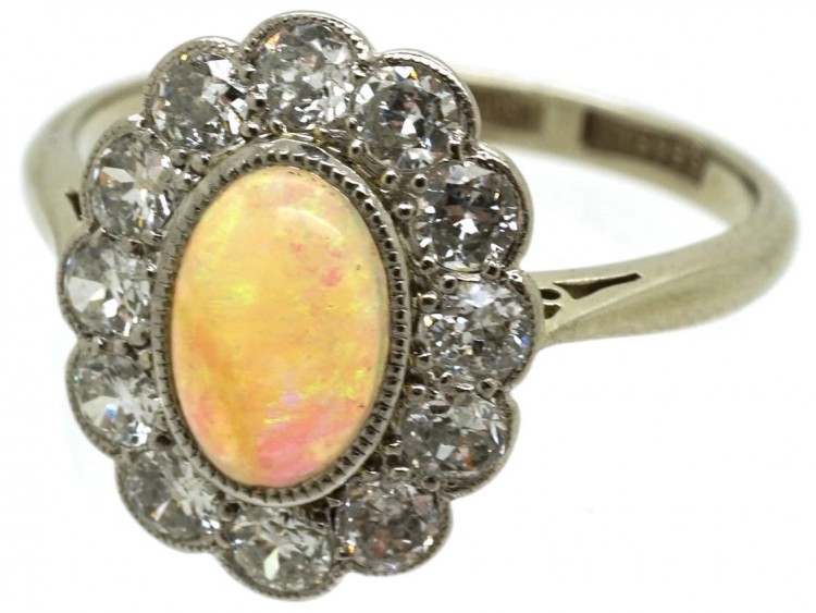 Edwardian 18ct Gold, Platinum, Opal & Diamond Oval Cluster Ring