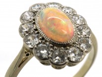 Edwardian 18ct Gold, Platinum, Opal & Diamond Oval Cluster Ring