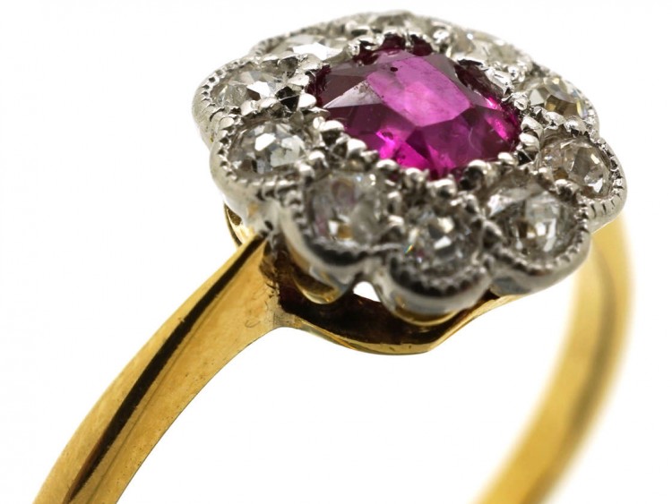 Edwardian Ruby & Diamond Oval Cluster Ring