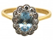 18ct Gold Aquamarine & Diamond Oval Cluster Ring