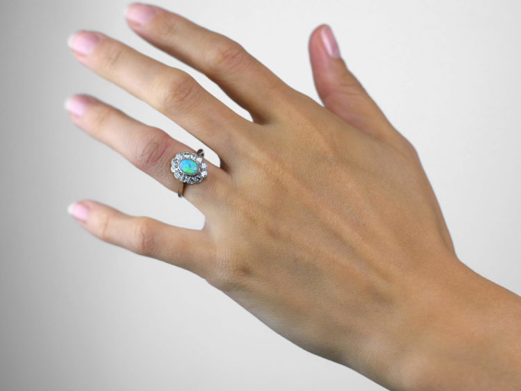 Edwardian 18ct Gold, Platinum, Opal & Diamond Oval Cluster Ring