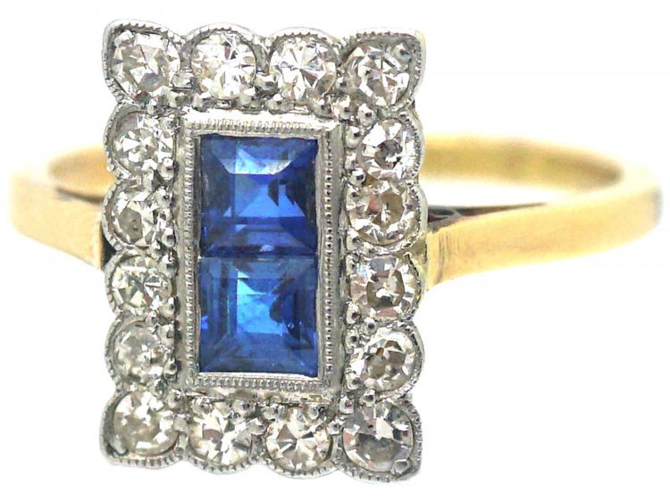 Art Deco 18ct Gold & Platinum, Diamond & Sapphire Rectangular Ring