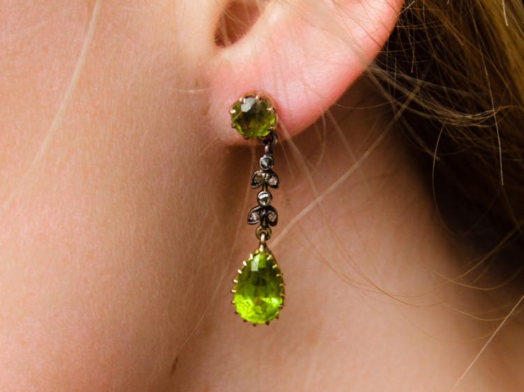 Edwardian 15ct Gold, Rose Diamond & Peridot Drop Earrings