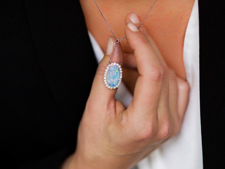 Edwardian Platinum Diamond & Opal Pendant on Platinum Chain