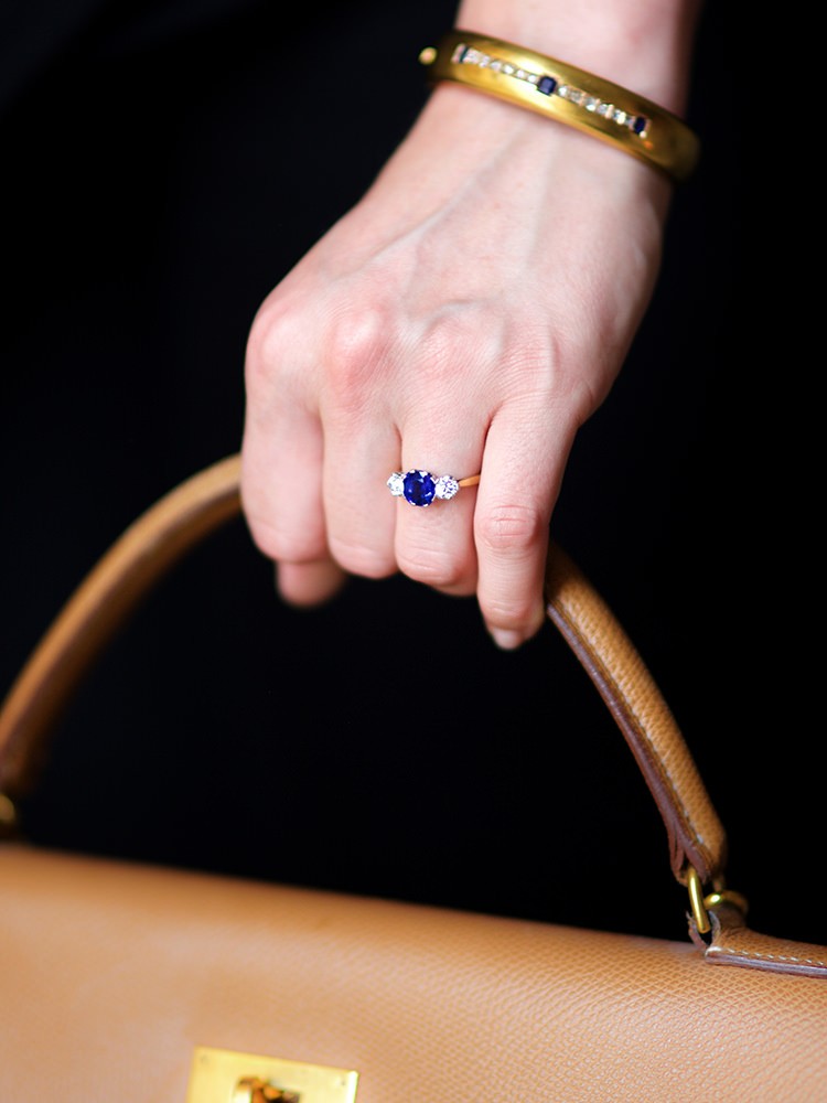 18ct Gold & Platinum, Three Stone Sapphire & Diamond Ring
