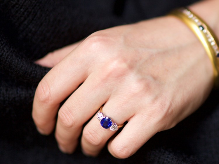 18ct Gold & Platinum, Three Stone Sapphire & Diamond Ring