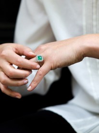 Large Platinum, Square Cut Emerald & Diamond Ring