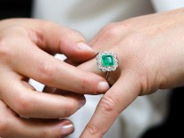 Large Platinum, Square Cut Emerald & Diamond Ring