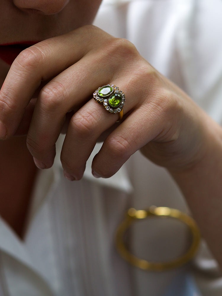Double Heart Peridot & Diamond Ring