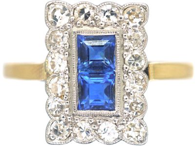 Art Deco 18ct Gold & Platinum, Diamond & Sapphire Rectangular Ring