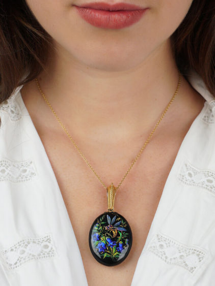 Victorian 18ct Gold & Silver Enamel Oval Pendant of a Bee & Harebells