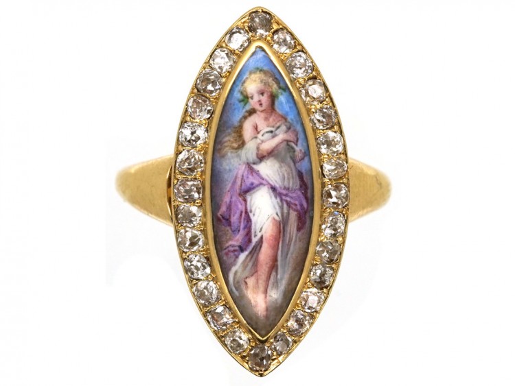 Victorian 18ct Gold & Diamond & Enamel Miniature of a Nymph Ring