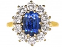 18ct Gold, Ceylon Sapphire & Diamond Oval Cluster Ring