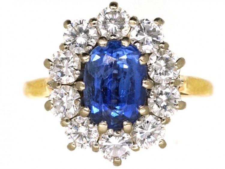 18ct Gold, Ceylon Sapphire & Diamond Oval Cluster Ring