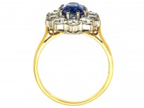 18ct Gold, Ceylon Sapphire & Diamond Oval Cluster Ring